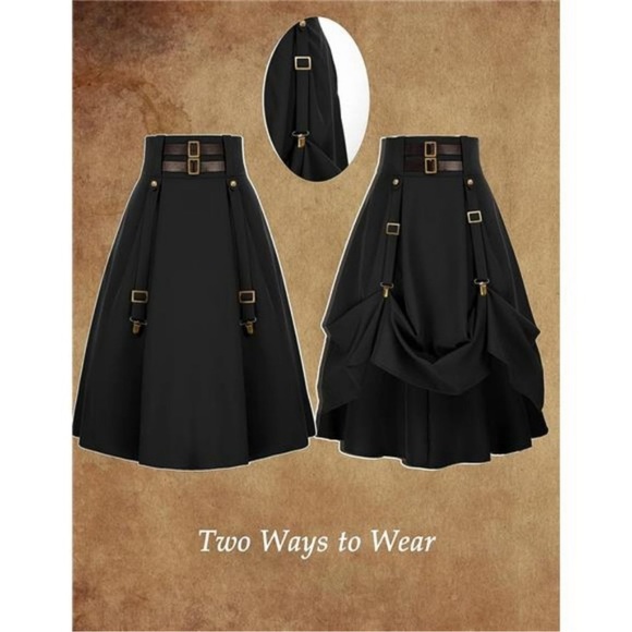 Women Goth Steampunk Skirt High Waist Pirate Midi A-Line Skirt w Pockets S-2XL - Picture 3 of 7